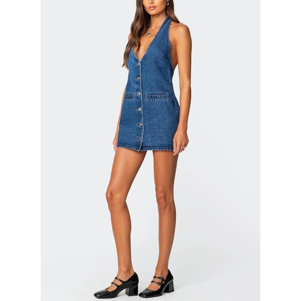 Women's Denim Dress Summer Halter Mini Dress Backless V-Neck Casual - Picture 2 of 6